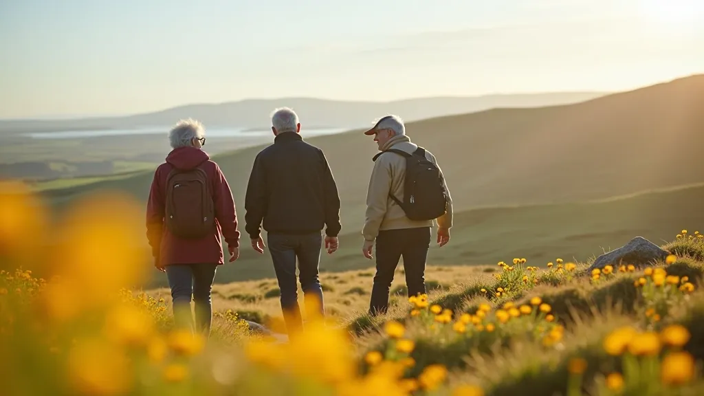 Senior couple hiking on Burren limestone trail