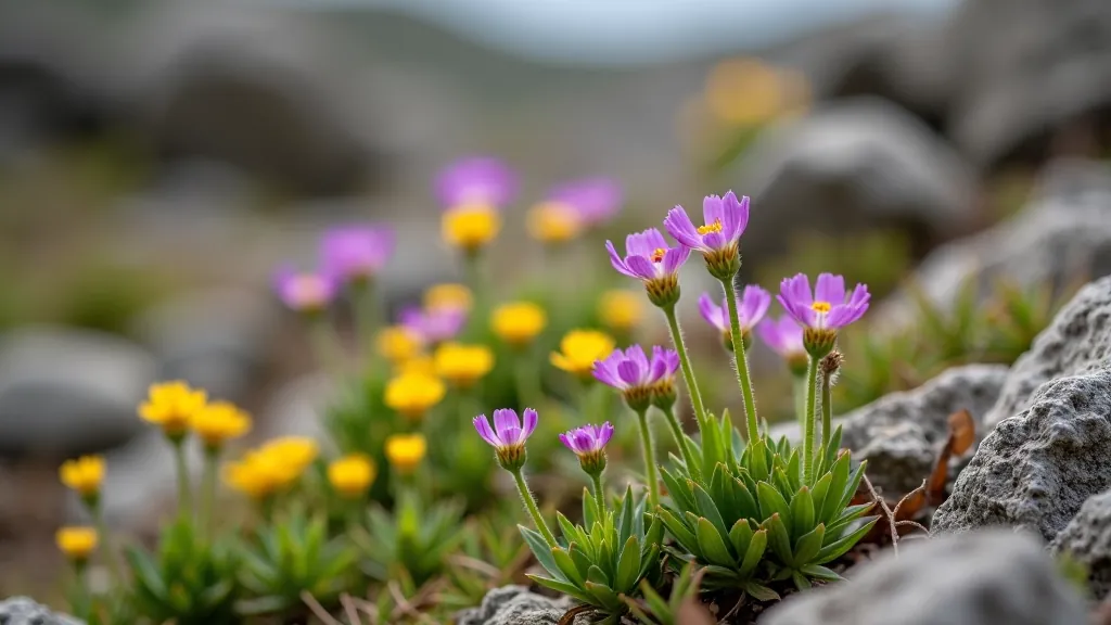 Close-up view of vibrant purple and yellow wildflowers blooming among limestone rocks, shallow depth with blurred background