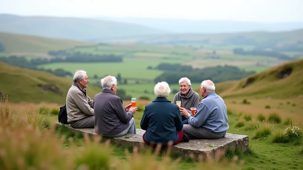 Group of seniors resting on hillside with views