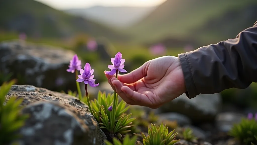 Close-up of Burren wildflowers and guide pointing