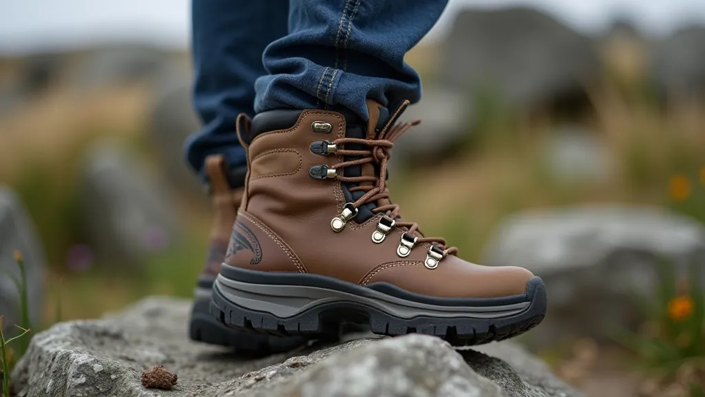 Close-up of hiking boot details showing good ankle support and grip pattern on sole