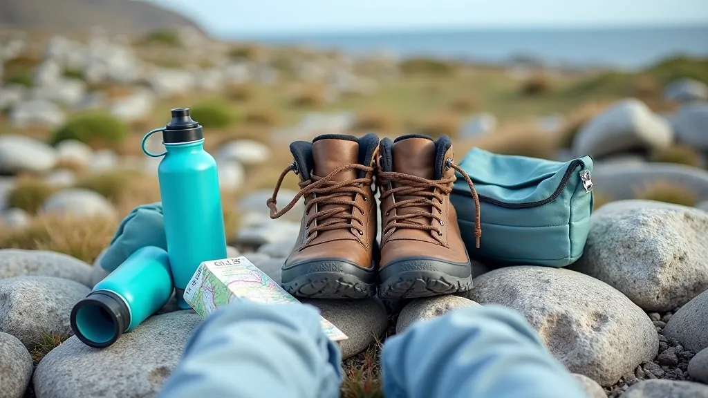 Hiking boots and a water bottle on limestone rocks with a map visible in the background