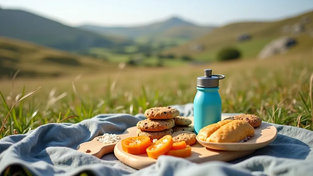 Hiking snacks and water bottle arranged on a rock surface showing proper trail nutrition