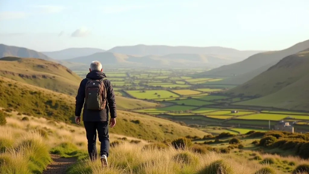 Wide landscape view of rolling limestone hills with sparse vegetation and scattered stone walls stretching across the Burren plateau