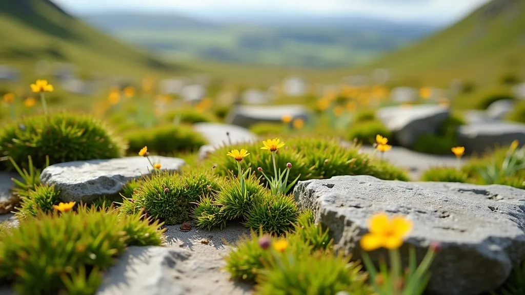 Close-up of limestone pavement texture with patches of green moss and small wildflowers growing between the rocks