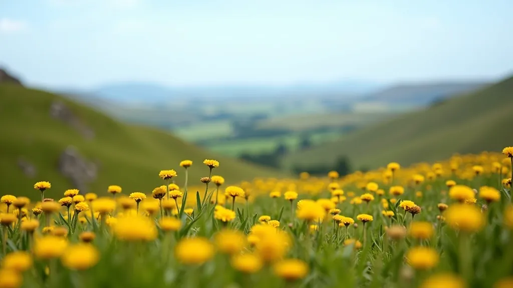 Limestone plateau landscape with wildflowers and unique rock formations of the Burren