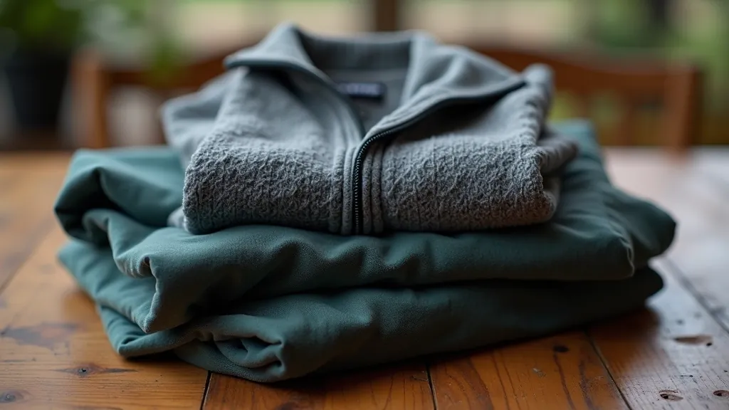 Neatly folded hiking layers including base layer, fleece, and windproof jacket arranged on wooden surface