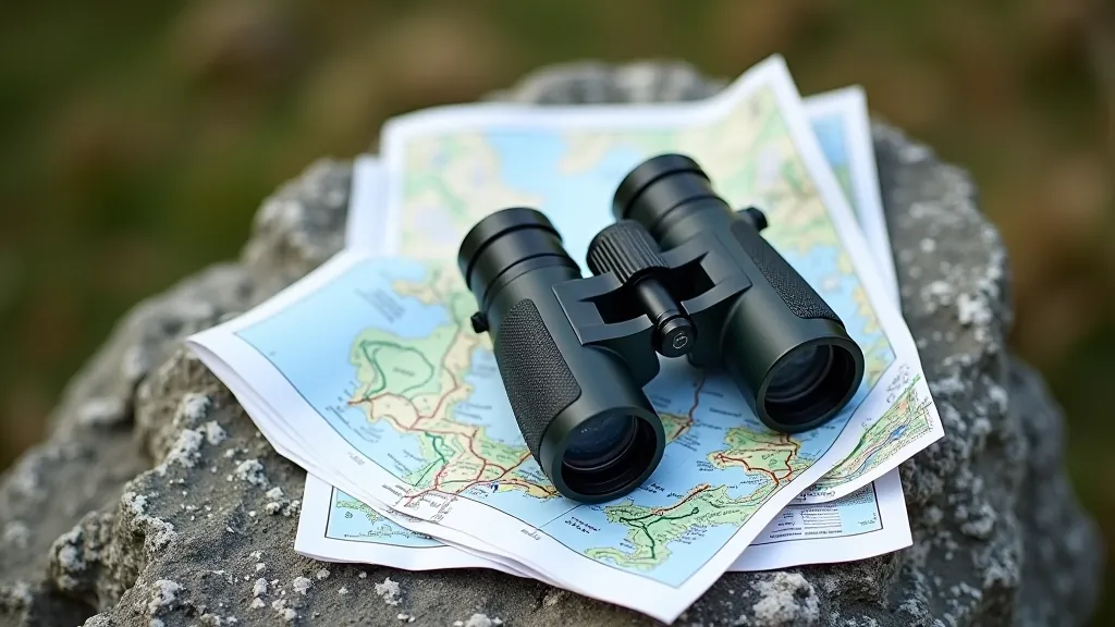 Binoculars resting on a folded hiking map on a rocky surface with limestone terrain in background, outdoor daylight