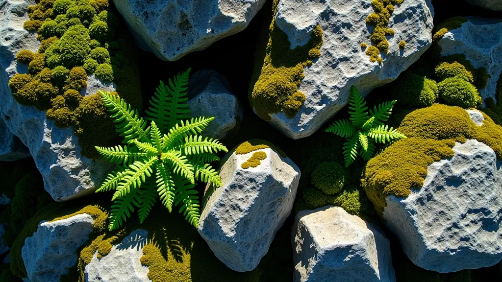 White limestone rocks with small green ferns and mosses growing in crevices, overhead perspective showing the rocky terrain and plant life