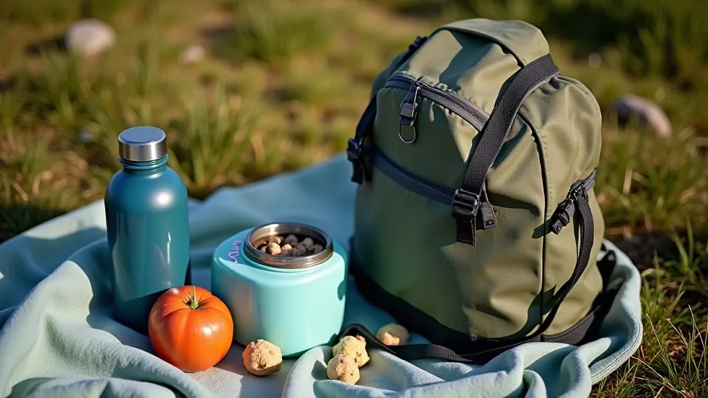Close-up of reusable water bottle with hiking backpack and healthy snacks on outdoor picnic blanket