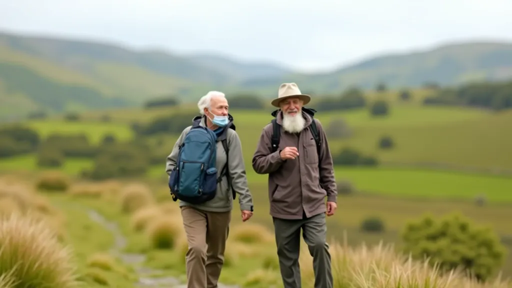 Senior couple walking together on limestone plateau with green rolling hills in the background during a clear day