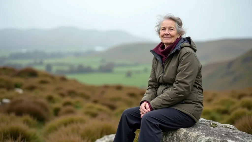 Senior hiker sitting on limestone rock formation, taking a rest break with scenic Burren landscape behind