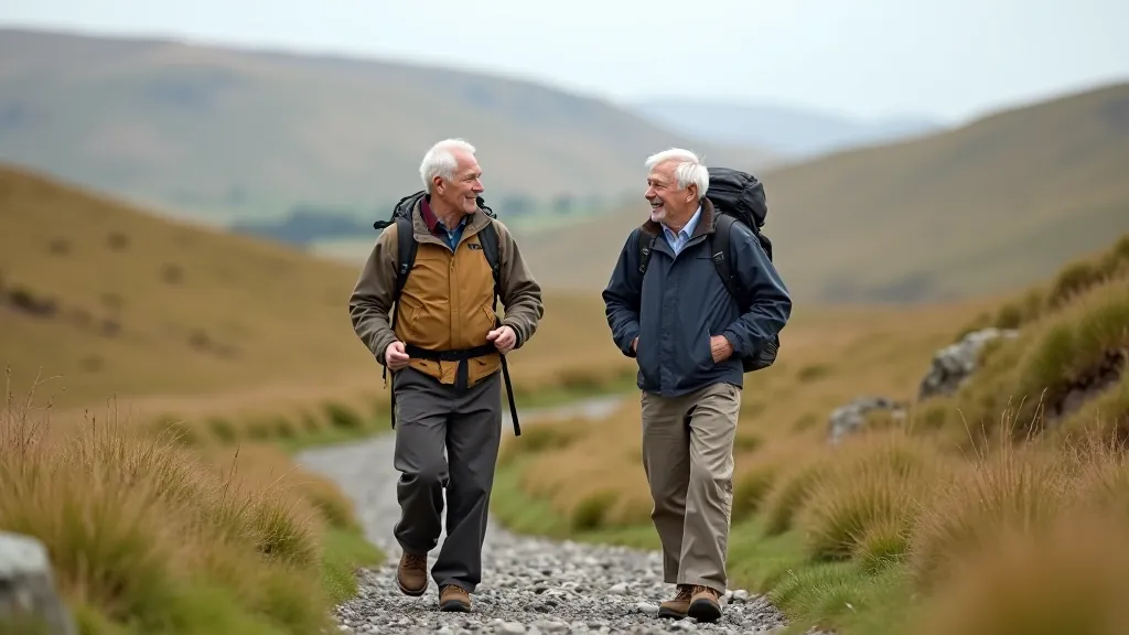 Group of senior hikers walking together on limestone trail, conversing and enjoying the landscape