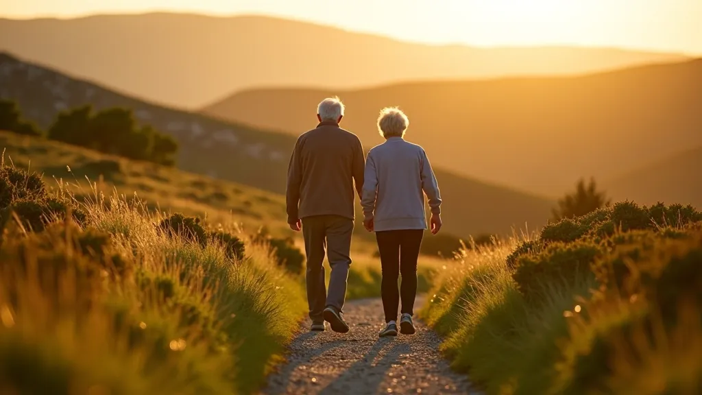 Senior couple walking on limestone plateau path