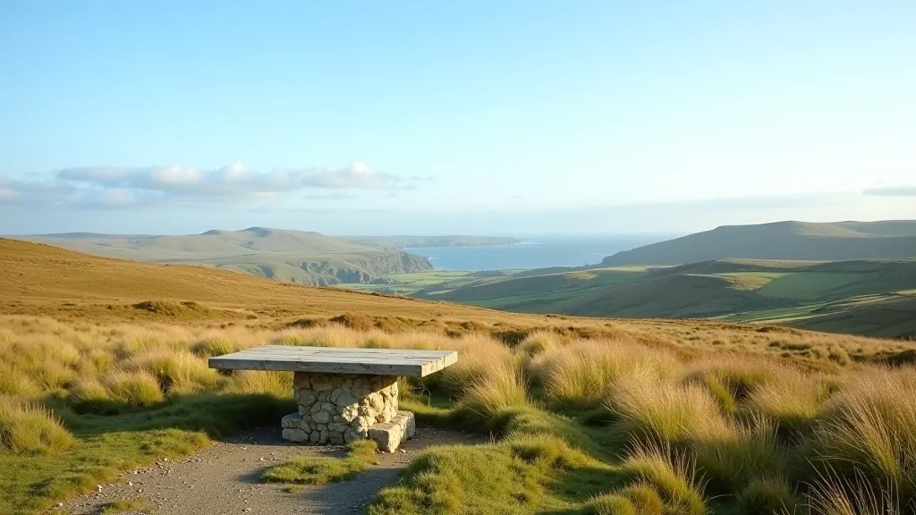 Scenic view from Mullaghmore Mountain with hiking bench overlooking limestone plateau landscape