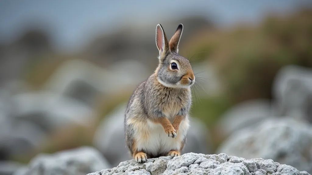 Rabbit sitting on rocky limestone terrain, alert posture with ears up, natural outdoor daylight, focused on the rabbit with blurred rocky background
